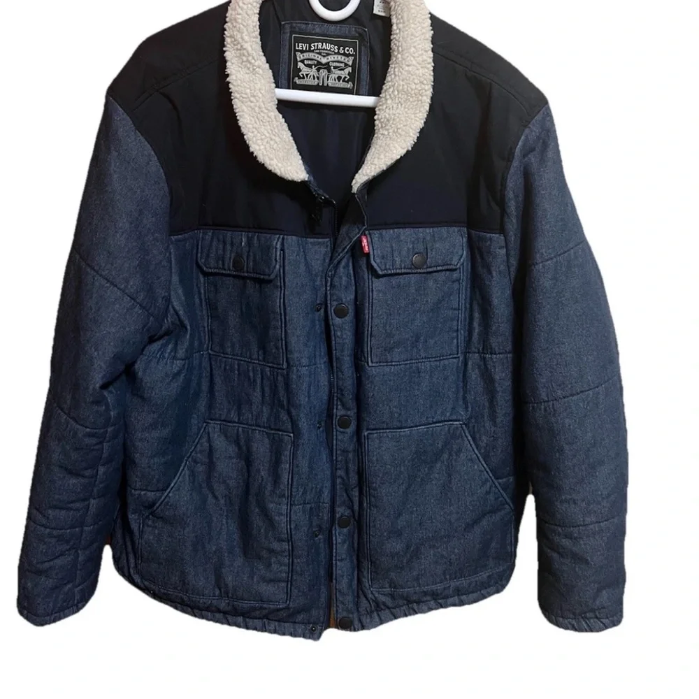 Levi’s Ultra Loft Sherpa Collar Quilted Jacket Men’s 2XL Denim Look Zip Front In - Picture 1 of 14
